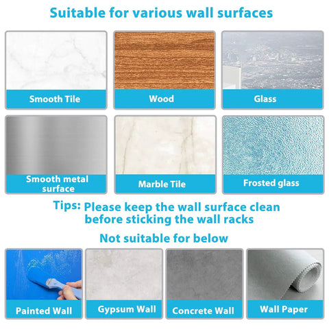Image showing suitable wall surfaces for Mop Broom Holder Wall Mount With Shelf And Hooks Self Adhesive Sturdy, including tile and wood.