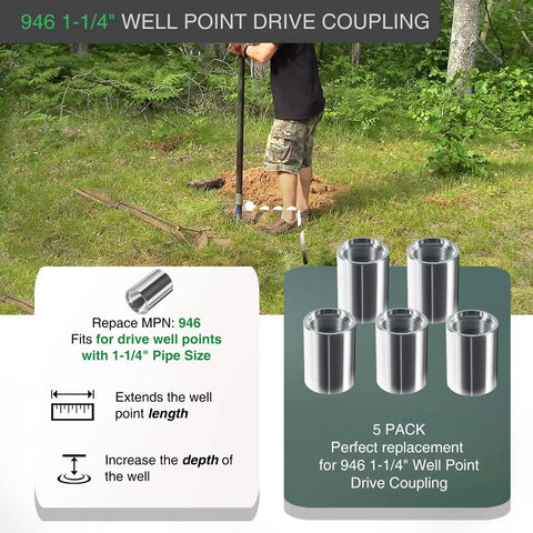 5-Pack 1 1/4 Inch Drive Female Couplings For Well Point Hand Pumps in a forest setting, showing use and details.