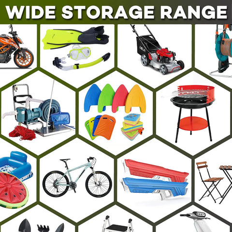 Wide storage range with motorcycles, lawn mowers, bikes, and gear for All Weather Outdoor Bike Storage Tent And Gear Shelter Extra Large Portable Waterproof Shed For Lawn Mower Tools And Gear Dust And Rain Guard Easy Set Up 79 X 35.5 X 69 Inches.