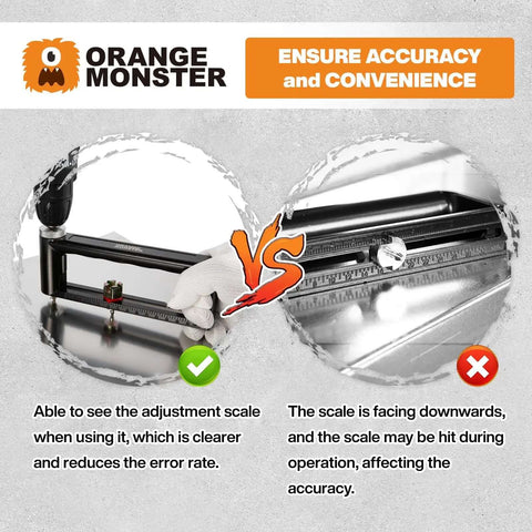 Comparison of adjustable hole cutter scale visibility showing correct and incorrect setup for accuracy and convenience