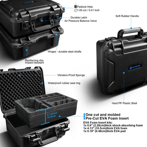 Waterproof Hard Case With Custom Foam Insert for DJI Mavic 4 Pro Drone, showing closed and open views with padding detail