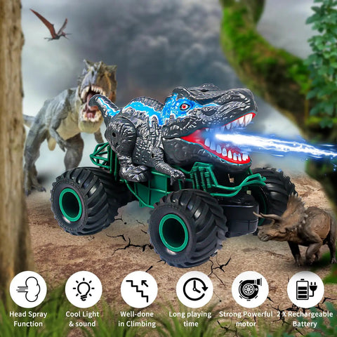 Monster Dinosaur Remote Control Car With 2.4 GHz Radio on rocky terrain, LED mouth lights and water spray.