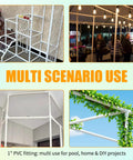 Collage of 4-way 1 Inch PVC fittings used in various DIY projects; multi-scenario applications for frames and shelving.