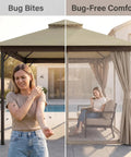 Comparison of woman outdoors with and without mosquito protection under 8x8 Ft Outdoor Gazebo With Metal Frame And Double Roof Canopy