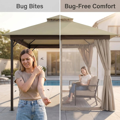 Comparison of woman outdoors with and without mosquito protection under 8x8 Ft Outdoor Gazebo With Metal Frame And Double Roof Canopy