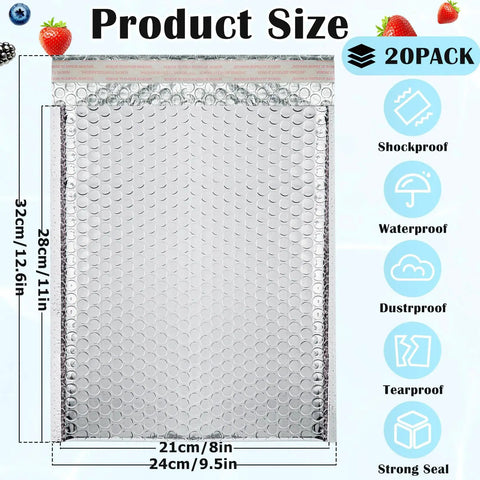20 Pack Thermal Bubble Mailers, 8 By 11 Inches, Silver Metallic Self Seal Foil Mailing Envelopes, Waterproof Padded