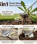 Six Tooth Dual Head Weed Puller Tool Upgraded 2026 demonstrating weed removal in garden with stainless steel rake