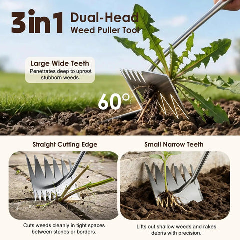 Six Tooth Dual Head Weed Puller Tool Upgraded 2026 demonstrating weed removal in garden with stainless steel rake
