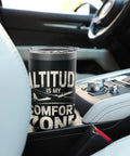 Glider Pilot Insulated Stainless Steel Tumbler in car cup holder, with glider design for soaring club members and sailplane fans