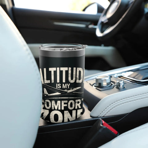 Glider Pilot Insulated Stainless Steel Tumbler in car cup holder, with glider design for soaring club members and sailplane fans