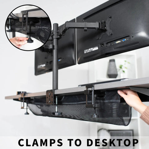 No Drill Clamp-On 36 Inch Mesh Under Desk Cable Management System for Home Office and Standing Desks, installed on desktop.
