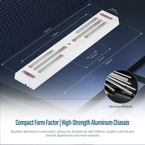 Beefy Deluxe Dovetail Mount Plate For Telescopes And Guidescope, Vixen Style Rail, 228mm Length, shown with dimensions