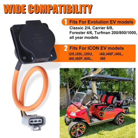 Plug And Play Electric Golf Cart Charger Receptacle Head 3 Pin Replacement For Advanced Ev And Evolution Carts with orange cable.