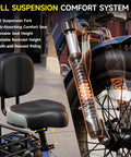 Beast Fat Tire Electric Trike For Adults With 750W Motor Peak 1350W, 52V 25Ah Removable Battery, 50 Mile Range, 7 Speed, 4 Piston Hydraulic Brakes, Cargo Rack, Blue front suspension fork and adjustable seat