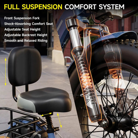 Beast Fat Tire Electric Trike For Adults With 750W Motor Peak 1350W, 52V 25Ah Removable Battery, 50 Mile Range, 7 Speed, 4 Piston Hydraulic Brakes, Cargo Rack, Blue front suspension fork and adjustable seat