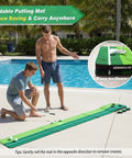 Two men using Indoor Putting Green Kit With Foldable 8 Foot Mat For Home Office Practice by pool, showing roll-up storage option.