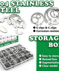 Pro-Grade 304 Stainless Steel Snap Ring Kit with E Clips and C Clips, 26 Sizes External Retaining Rings, storage box view