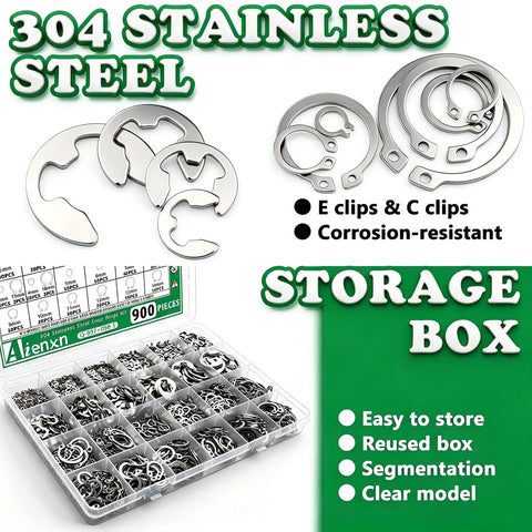 Pro-Grade 304 Stainless Steel Snap Ring Kit with E Clips and C Clips, 26 Sizes External Retaining Rings, storage box view