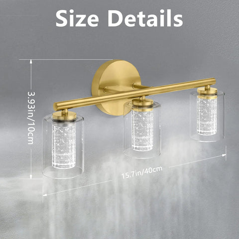 Three Light Gold LED Vanity Light With Crystal Bubble Glass For Bathroom, Modern Brushed Gold Wall Sconce Dimmable With Three Color Temperature, 18 Watts, Mid Century Vibe