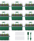 120 Cell Seed Starter Kit with 10 Seedling Trays 12 Cells Each Humidity Dome Green Base Plant Tags and Hand Tool Set visible
