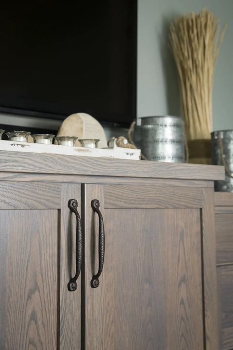 Solid Core Cabinet Pulls Set of 10 in Rustic Iron, Heavy Duty Kitchen and Furniture Hardware on wooden cabinet