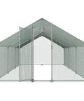Front view of Large Metal Chicken Coop With Walk In Run And Spire Roof For Outdoor Backyard Farm Poultry Pen For Ducks And Rabbits Weatherproof Galvanized Steel 19.7 By 9.8 By 6.5 Ft Security Lock
