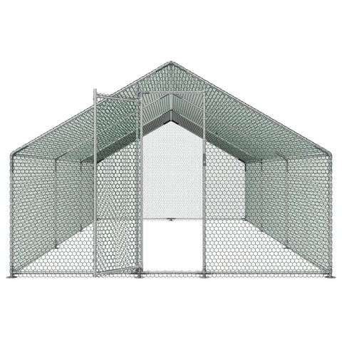 Front view of Large Metal Chicken Coop With Walk In Run And Spire Roof For Outdoor Backyard Farm Poultry Pen For Ducks And Rabbits Weatherproof Galvanized Steel 19.7 By 9.8 By 6.5 Ft Security Lock