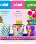 Paint And Plant Stoneware Flower Garden Kit For Kids 6 To 12 showing painted pots, tray, markers, and growing zinnias.