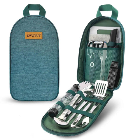 18 Tool Camping And Cooking Utensil Set For Outdoor Enthusiasts in green case, showing tools like spatula, BBQ fork, and chopping board.