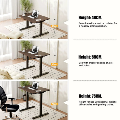 Electric Standing Desk Lifts Adjustable Height From 18.9 To 29.5 Inches With Lockable Wheels And Smooth Motor For Home Office Ergonomic Computer Desk Setup Easy One Touch Control with varying heights of 48cm, 55cm, and 75cm.