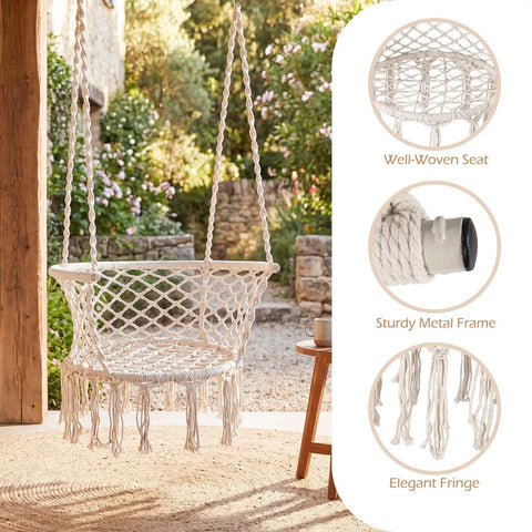 Beige Macrame Hammock Chair With 350 Pound Capacity Handwoven Tassels Boho Hanging Chair For Indoor And Outdoor Living Spaces Cozy Lounge Vibe
