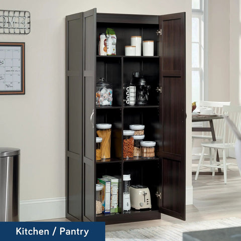 Tall Cinnamon Cherry Pantry Cabinet With Adjustable Shelves, 29.6 W By 16.0 D By 71.5 H, Space Saving Kitchen And Laundry Storage Organizer