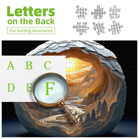 Glasses Free 3D Puzzle Experience For Adults With Dawn Cave Autostereoscopy And 1000 Piece Jigsaw Delivers Immersive Depth, Mind Blowing Colors, And No Glasses Needed, showing letters on puzzle backs for sorting assistance.