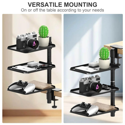 Three Tier Metal Clamp On Desk Shelf With 360 Degree Rotatable Mount For Above Or Under Table Storage Adjustable Desktop Organizer