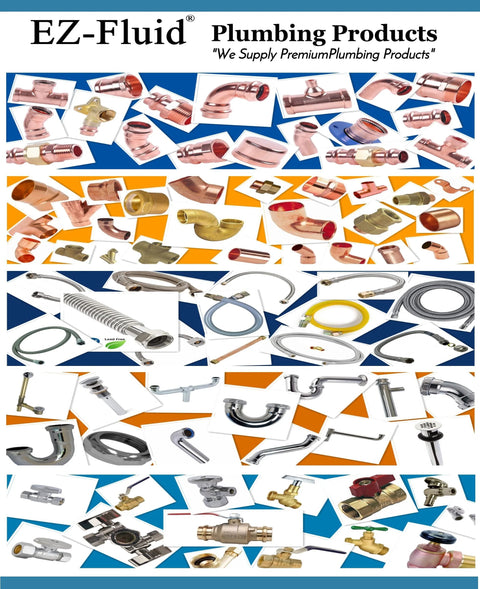 Front view: Copper plumbing fittings collage by EZ-FLUID, 1/2-inch press-to-press 90-degree elbows and Propress piping