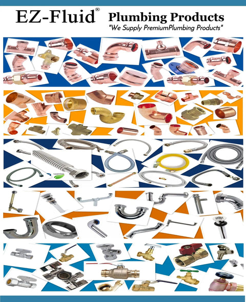 Collage of EZ-Fluid plumbing products including Pro Grade One Half To Two Inch Copper Press Slip Couplings No Stop Lead Free Fittings.