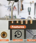 Front view of rivet nut installation tool with threaded mandrel and 15 copper rivet nuts on a metal panel