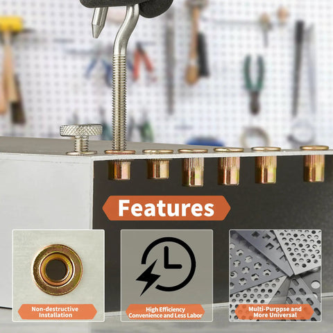 Premium Quality Straight Up Heavy Duty Hand Rivet Nut Installation Kit With Zinc Plated Flat Head Threaded Inserts Sae Metric Sets for auto repairs features close-up of inserts.