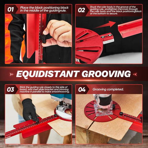 Guide using Universal Router Milling Groove Bracket Dope Woodworking Jig for equidistant grooving and circular milling.