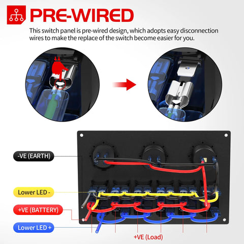 Diagram of Six Gang Rocker Switch Panel 12V Marine Waterproof With Red LED 5 Pin Toggle USB Port Cigarette Lighter Socket And Voltmeter