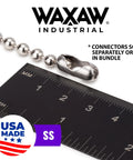 10 Foot Stainless Steel Ball Chain Bead Size 10 Made In USA with ruler scale, connectors shown sold separately, Waxaw Industrial logo