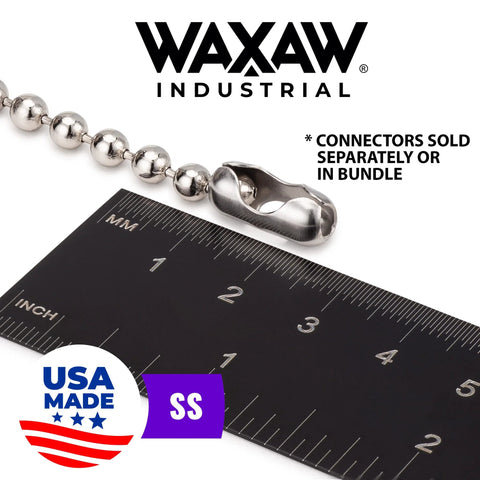 10 Foot Stainless Steel Ball Chain Bead Size 10 Made In USA with ruler scale, connectors shown sold separately, Waxaw Industrial logo