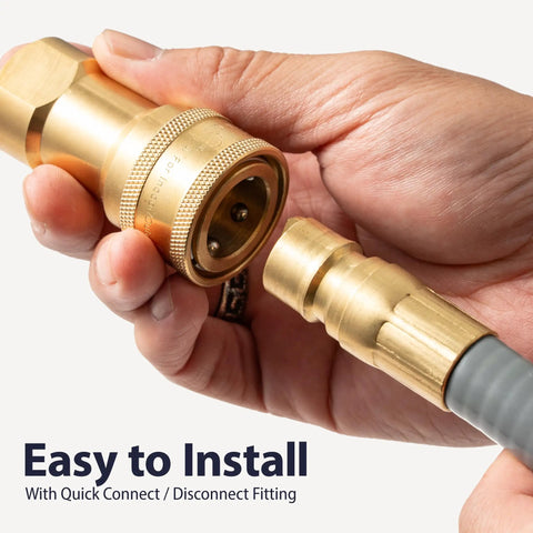 Hands connecting the 25 Ft Natural Gas Hose With One Half Inch ID High Flow Low Pressure Gas Line For Grill and Heater.