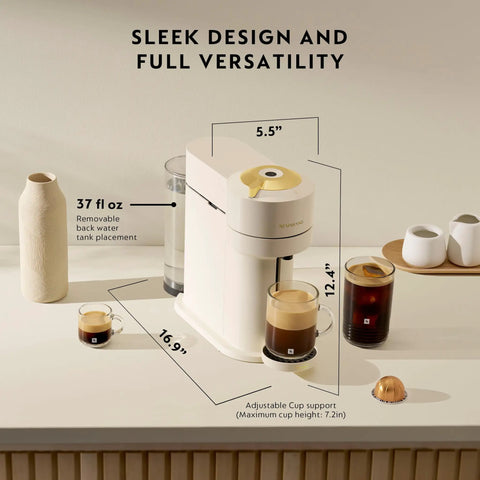 Vertuo Next Coffee And Espresso Maker By DeLonghi In Creamy White With Gold on kitchen counter with coffee cups