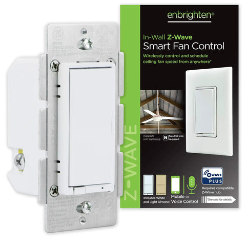Z Wave Plus In Wall Smart Fan Speed Controller With 3 Speed Settings High Medium Low In Wall Switch For Ceiling Fans Includes White And Light Almond Paddles Hub Required Plays Nice With SmartThings Wink And Alexa packaging and product