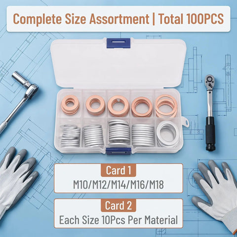 Oil Drain Plug Crush Washer Kit for Cars, Universal Gasket Set in Aluminum and Copper, organized in storage box