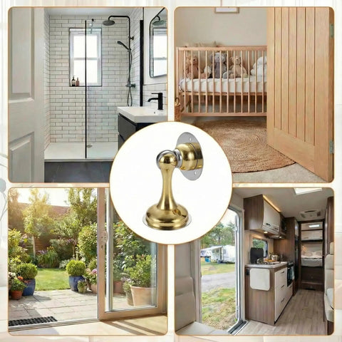Magnetic Door Stop 2 Pack Heavy Duty Stainless Steel No Drill Wall Or Floor Mount With 3M Tape Or Screws Strong Magnet Keeps Doors Open Full Round Head Golden Finish