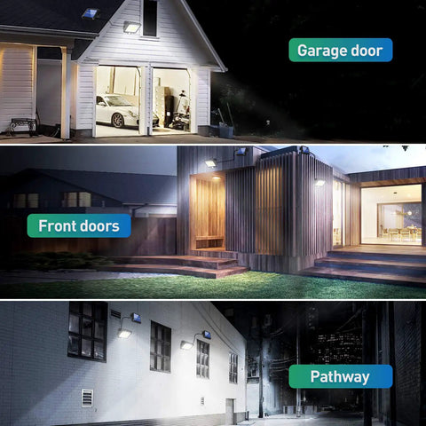 Two Pack Flood Lights Outdoor With Motion Sensor, Waterproof LED Sun Powered on garage, front doors, and pathway
