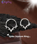 Two V Shaped 16G Septum Ring Clicker In 316L Stainless Steel With Wing Blade Piercing Jewelry displayed against dark background