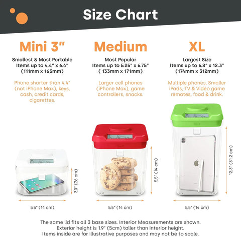 Size chart comparing Mini, Medium, and XL Medium Timed Lock Box For Cell Phones Secure Storage Container dimensions.